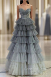 Ball Gown Strapless Tulle Long Gray Semi Formal Prom Dress Evening Dresses